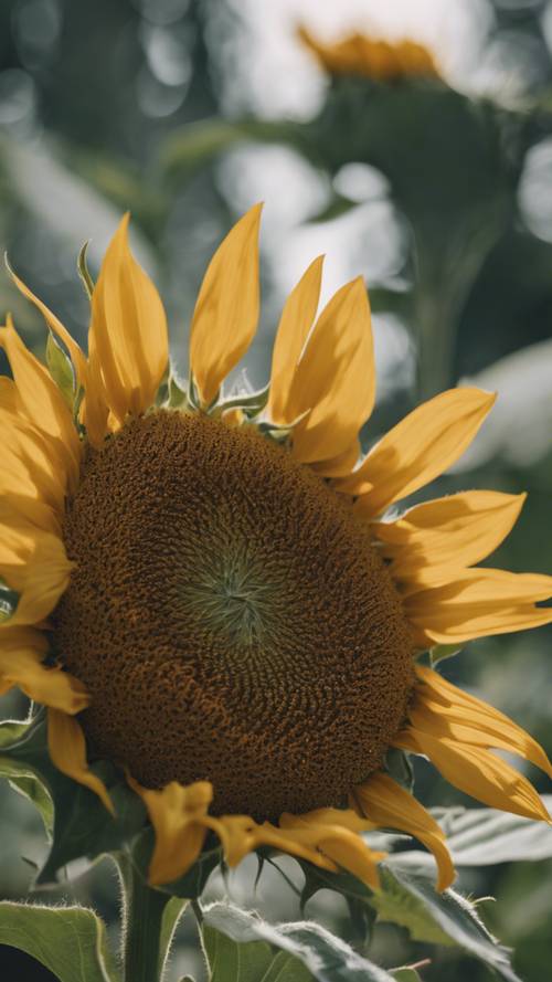 Bunga matahari tunggal dengan tepi bergerigi dalam jarak dekat yang memenuhi seluruh bingkai.