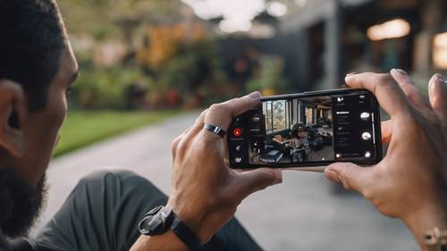 A tech influencer recording an engaging review video of the iPhone 15 Pro for his YouTube channel. Tapeta [61c34732dcf6480ebb18]