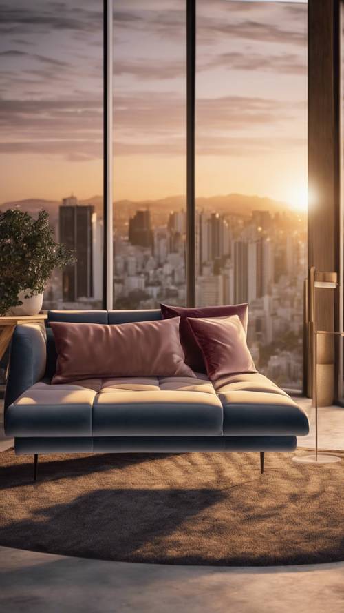 Ein luxuriöses Sofa aus strukturiertem Samt in einem minimalistisch-modernen Wohnzimmer bei Sonnenuntergang.