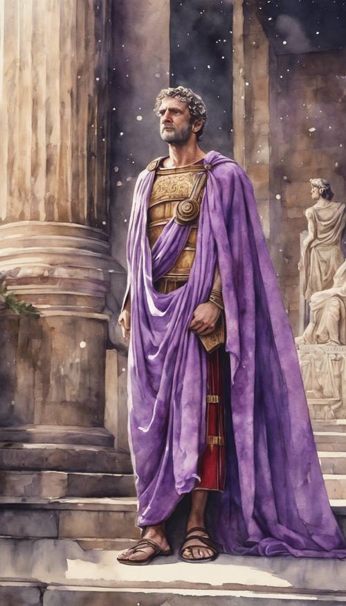 一幅細節豐富的水彩畫，描繪了身穿傳統紫色長袍的古羅馬貴族
