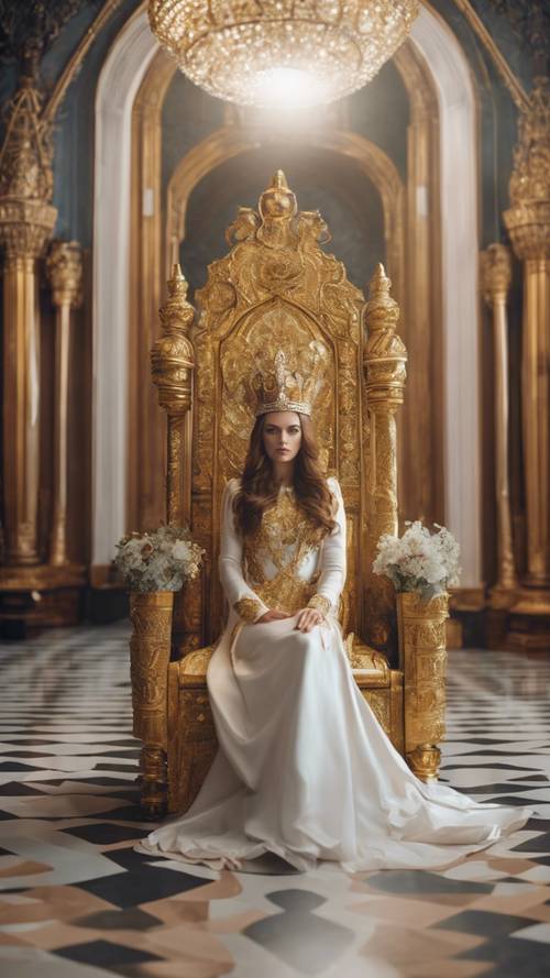 Một nữ hoàng trẻ đẹp với vương miện vàng ngồi trên ngai vàng trong đại sảnh hoàng gia được trang trí trang nhã.