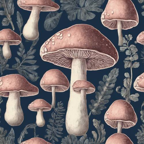 A vintage botanical illustration of a mushroom with preppy colored tones such as navy, white, and dusty pink. Tapet [92ed79a2bc224aa99845]