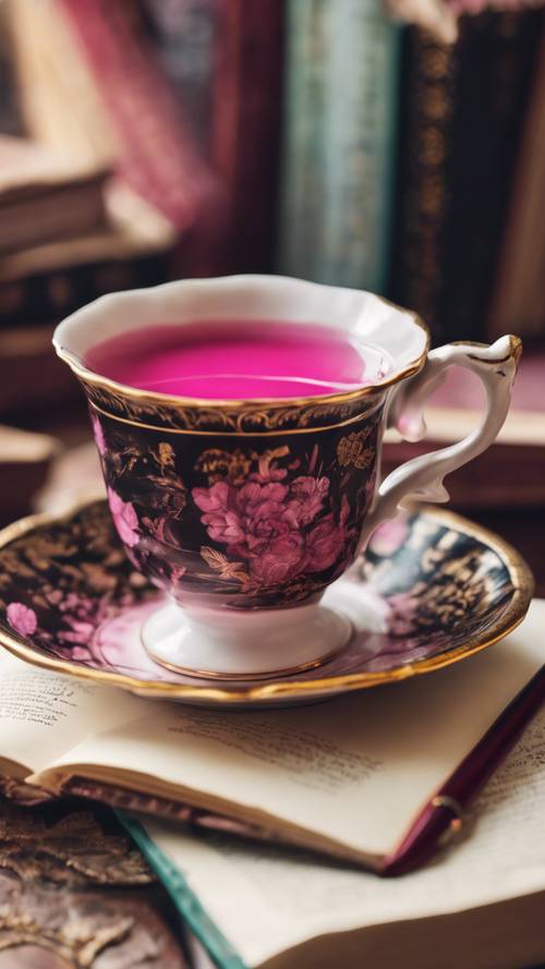 Una taza de té antigua pintada en rosa oscuro llena de rico té negro con el fondo borroso de una antigua biblioteca.