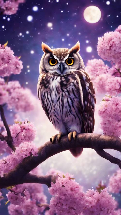 ינשוף חמוד בסגנון קוואיי יושב על עץ פריחת הדובדבן הפורח פרחים סגולים תוססים, תחת ליל כוכבים לאור ירח.