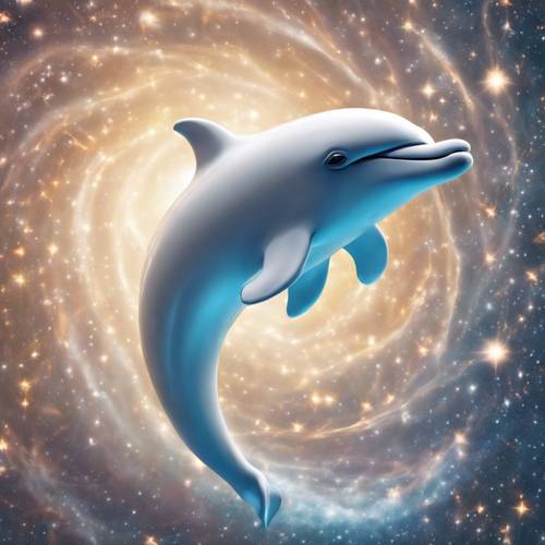 艺术家梦幻般地描绘了一只瓷白色的海豚从无尽宇宙的星光漩涡中浮现出来。
