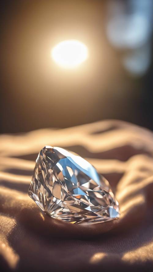 A flawless diamond reflecting sunlight in a velvet cushion.