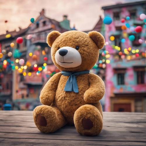 Seekor boneka beruang raksasa mengawasi kota impian yang menyenangkan dan penuh warna.