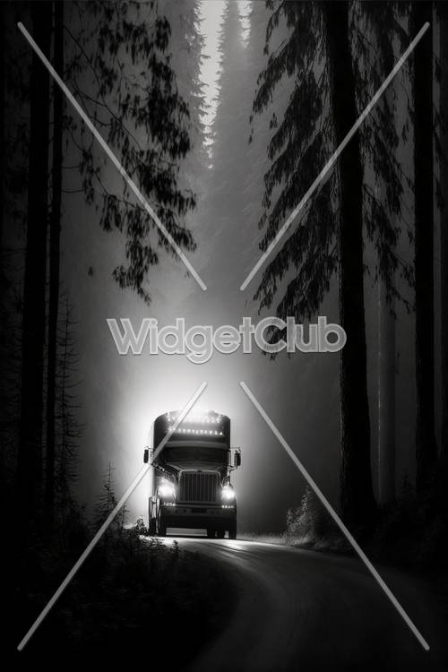 Route forestière brumeuse avec camion illuminé