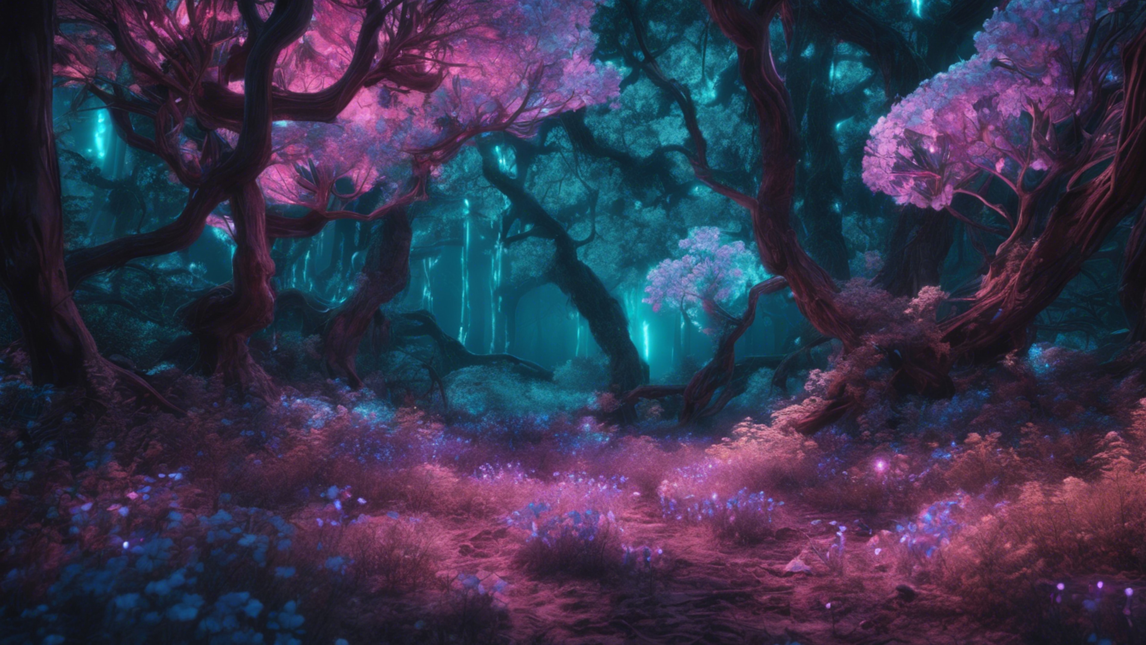 A Y2K style digital forest with illuminated bioluminescent trees and neon glowing flowers.壁紙[de86584624734c4ebdfb]
