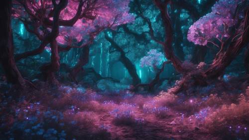 Una foresta digitale in stile Y2K con alberi bioluminescenti illuminati e fiori luminosi al neon.