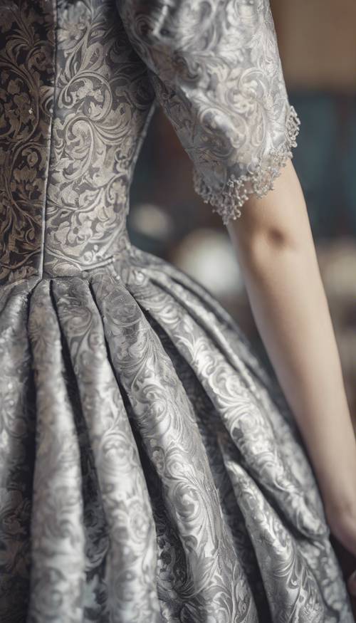 Elegancki srebrny wzór adamaszku zdobiący wiktoriańską sukienkę w stylu vintage.