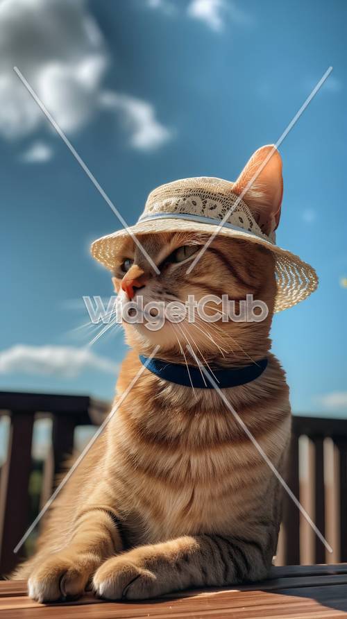 Orange Katze in einem Strohhut unter blauem Himmel