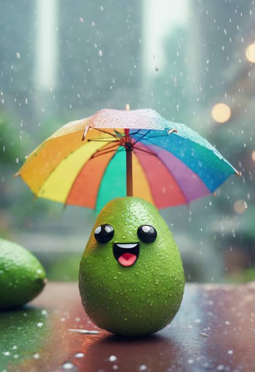 Un avocado kawaii in una giornata piovosa e da sogno, mentre regge un ombrello colorato.