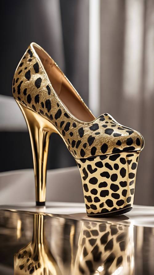 A high heeled shoe with a shiny cheetah print design in gold and black.