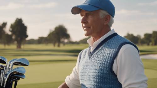 Seorang pria rapi bermain golf, mengenakan rompi sweter biru cerah, celana panjang putih, dan topi golf kotak-kotak biru.
