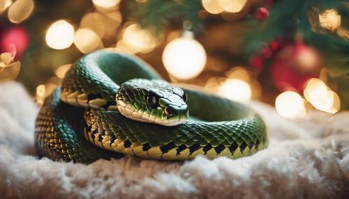 Adorable serpiente con temática navideña durmiendo envuelta alrededor de un árbol de Navidad.