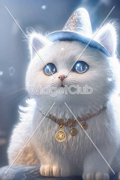 모자와 펜던트를 들고 있는 귀여운 파란 눈 고양이