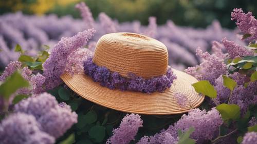 A wide-brimmed straw hat adorned with an array of lilacs, resting casually on a pumpkin.