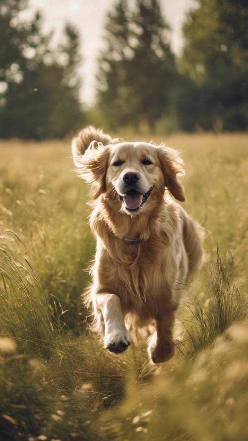 كلب جولدن ريتريفر مرح يركض في مرج مضاء بنور الشمس، مع أعشاب خضراء طويلة تتمايل في مهب الريح اللطيف.