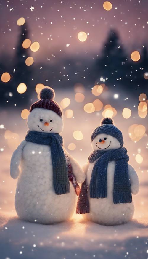 A family of snowmen, holding hands and wearing woolen scarves, under a twilight sky filled with stars. Tapet [a737e69ad9364e99a4e3]