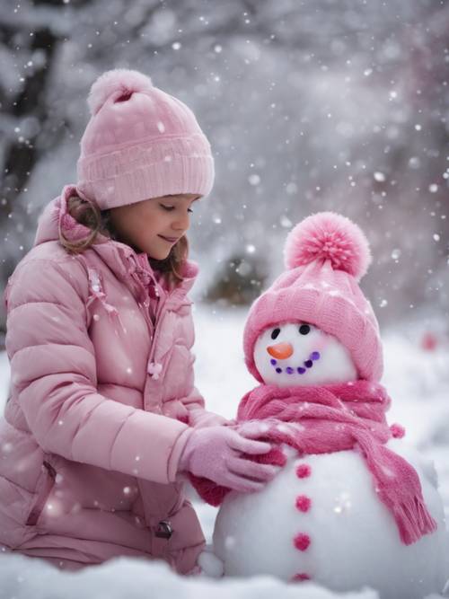 Niños construyendo un muñeco de nieve vestido de rosa en un jardín de invierno cubierto de nieve.