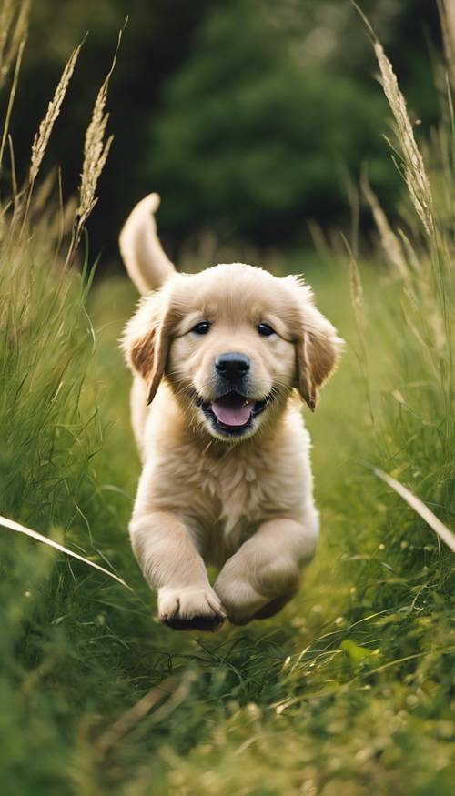 A lively golden retriever puppy joyfully bounding through tall green grass. Tapeta [e9c48c12ba7949de8fea]