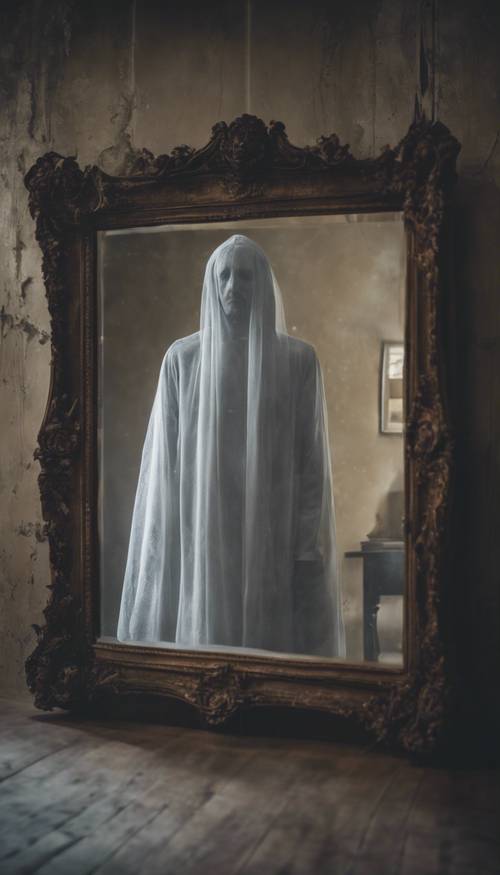 A ghostly figure fogging up from an old mirror