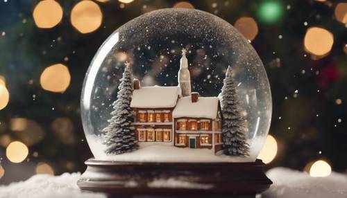 Une boule à neige animée représentant un panorama blanc festif d&#39;une petite place de ville enneigée avec un sapin de Noël étincelant au centre.