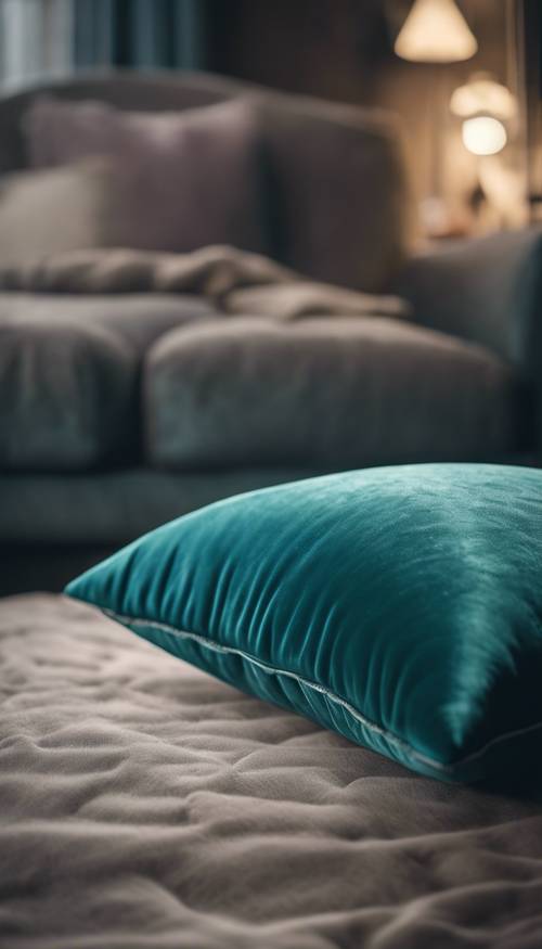 A luxurious teal velvet cushion resting on an invisible surface. Tapet [498c5681308c475dbc2f]