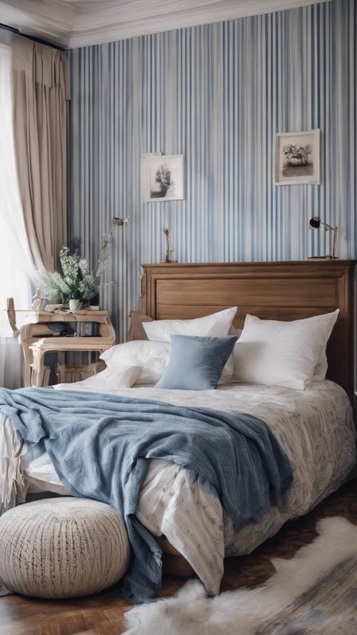 A bedroom done in a cozy, French country style, with blue and white striped wallpaper.
