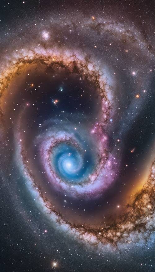 Кружащиеся цвета компактной спиральной галактики ярко мерцают в далеком космосе.