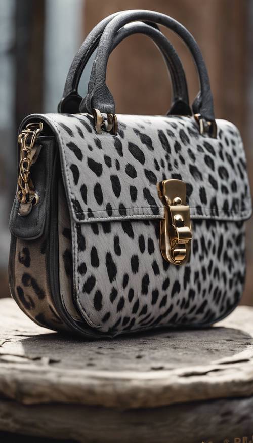 A stylish handbag with a bold gray leopard print.