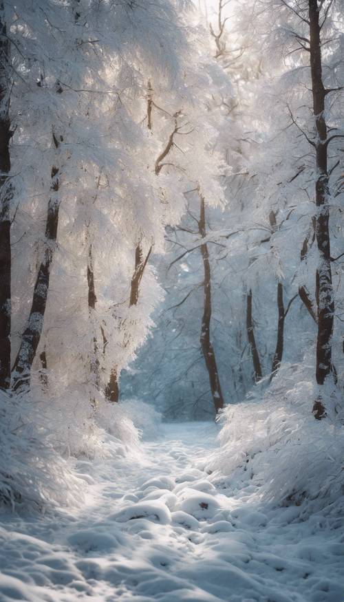 A magical snowy forest, with trees heavily laden with fresh, shimmering frost. Tapet [9f3a2932efb445579068]