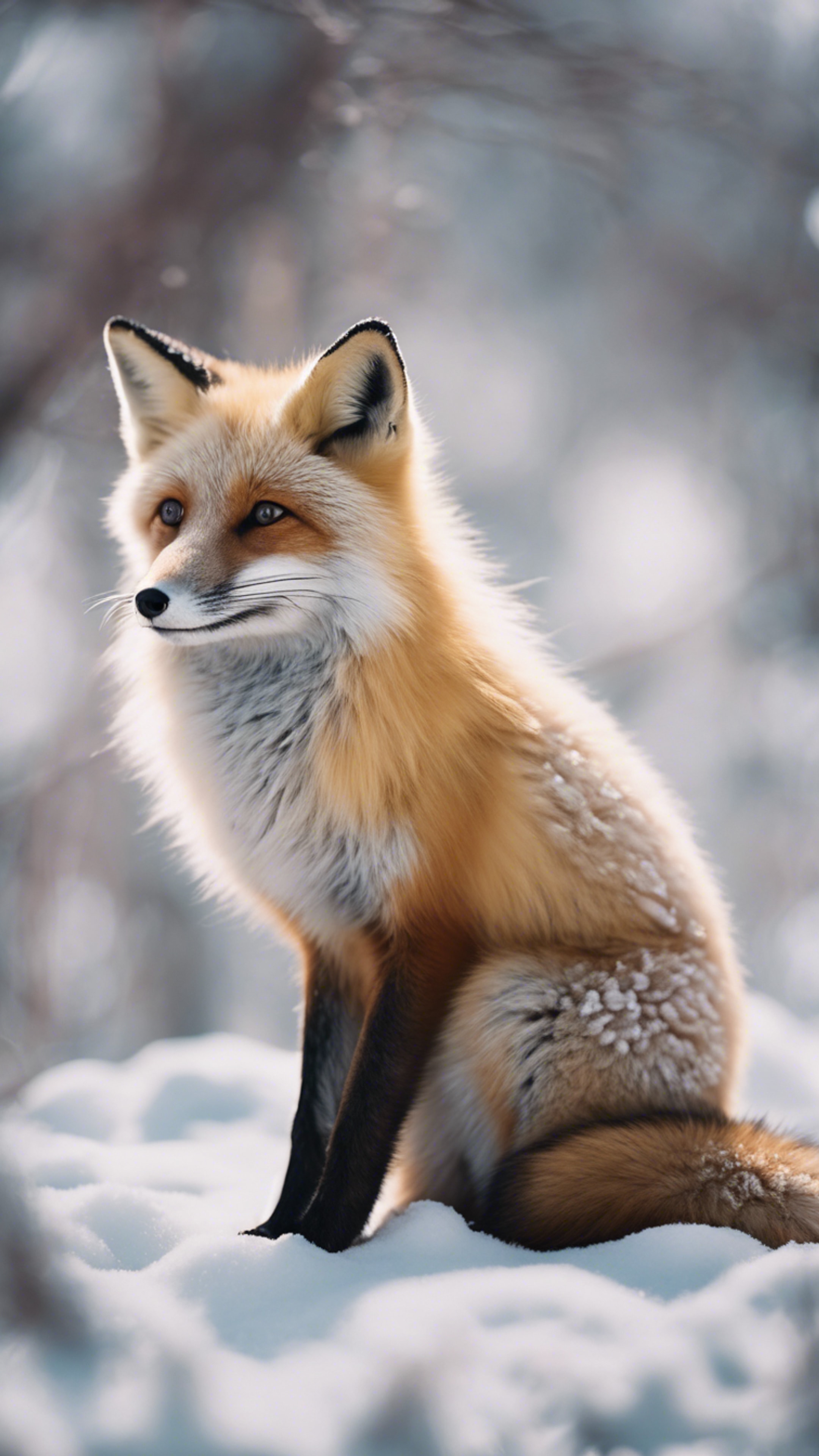 A kawaii beige fox with big black eyes and soft fur, peacefully resting in a snowy landscape. Wallpaper[9d6d6e93f3f44361a0b2]