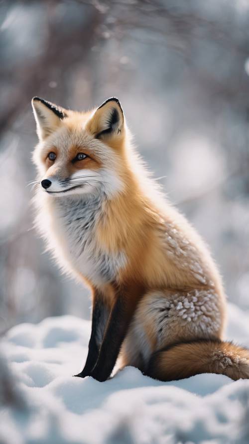Kawaii beżowy lis z dużymi czarnymi oczami i miękkim futrem, spokojnie odpoczywający w śnieżnym krajobrazie.