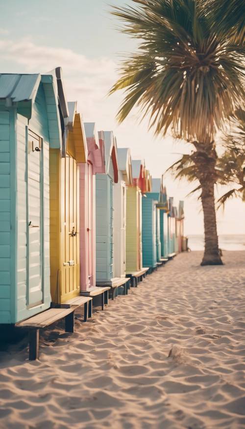 Una bonita ciudad costera repleta de vibrantes cabañas de playa en colores pastel.
