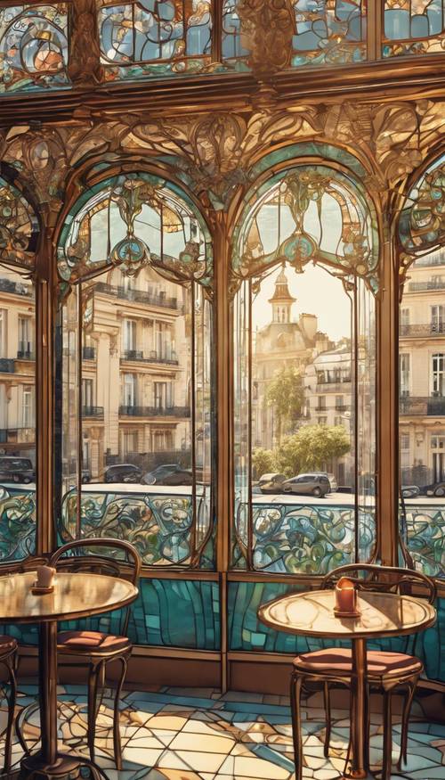 A colorful Art Nouveau illustration of a Parisian cafe on a sunny day, with ornate decorations and a stained glass window.