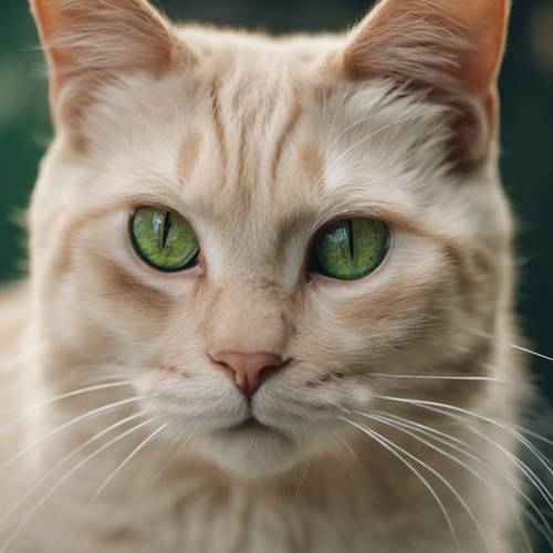 A close-up shot of a light beige cat with deep green eyes.