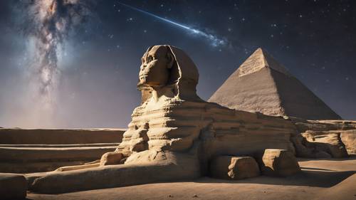 La Gran Esfinge de Giza, de pie estoicamente contra un cielo nocturno repleto de estrellas.