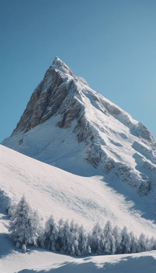 A snowy mountain peak against a clear azure sky.