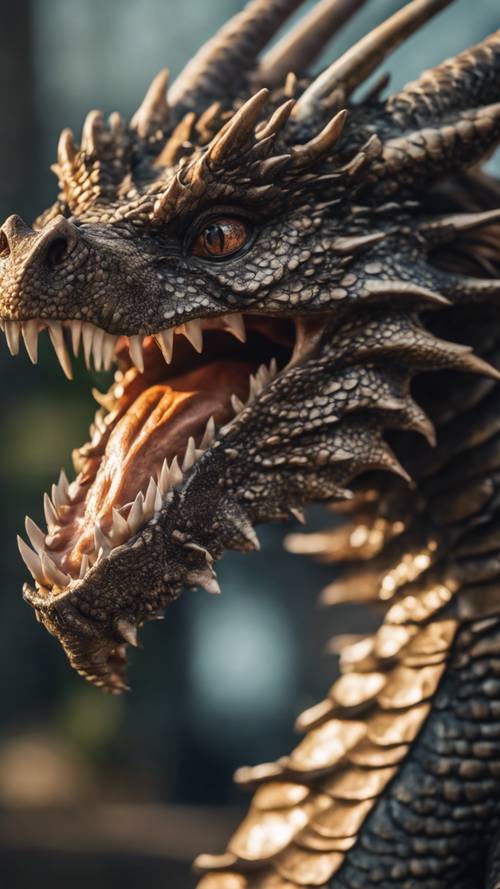 A dragon in close up, showing every detail from its sharp teeth to the gleaming scales.