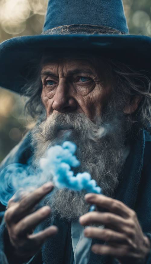 Um retrato detalhado de um mago exalando uma nuvem de fumaça azul mística.