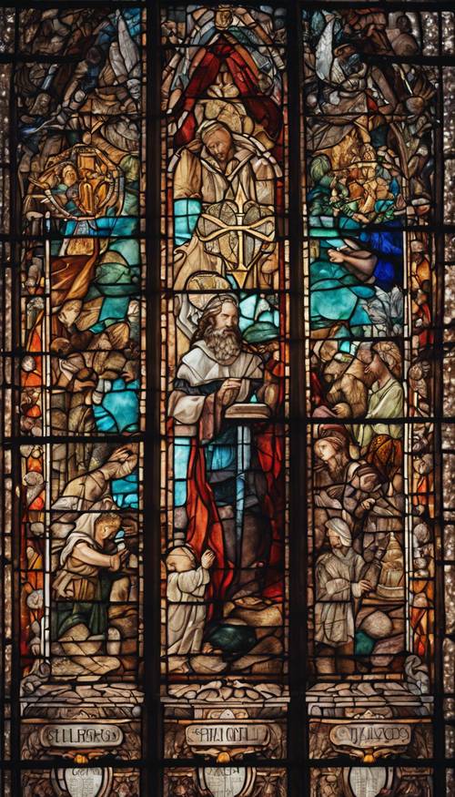 Un vitrail coloré représentant une histoire biblique dans une église chrétienne historique.