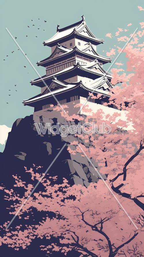 Cherry Blossoms and Castle Silhouette Art