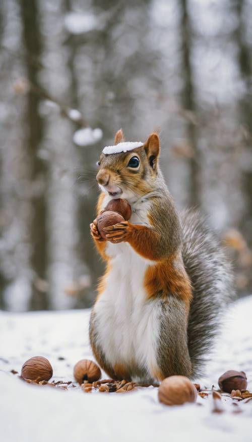 Esquilos amigáveis usando pequenos cachecóis, mordiscando nozes em um parque coberto de neve.