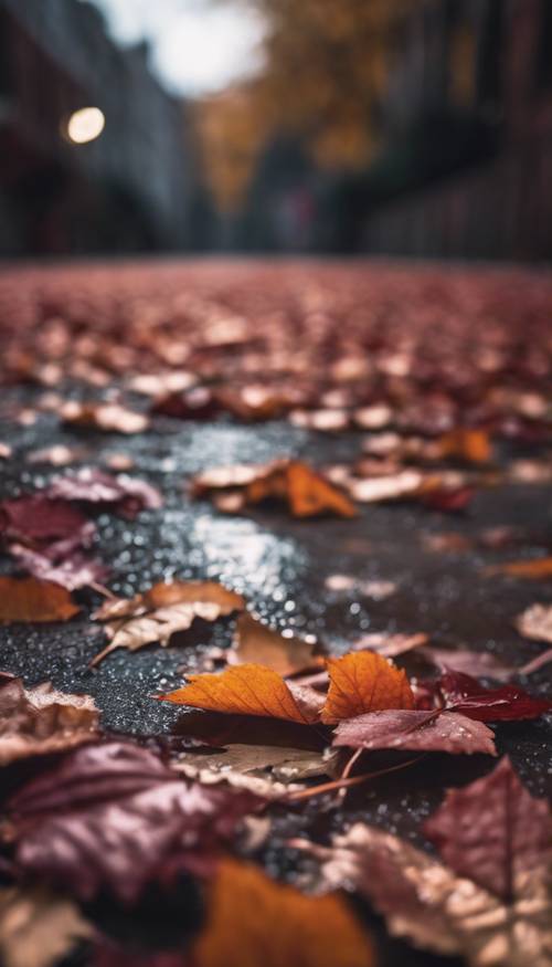 Feuilles d&#39;automne aux couleurs sombres et ombrées un jour de pluie, montrant la transition du marron foncé à une croûte champagne claire.