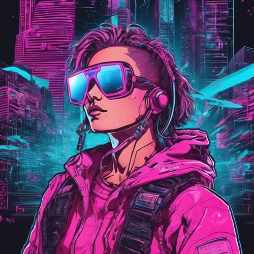 Un hacker cyberpunk che indossa occhiali illuminati rosa e blu, mentre naviga nel datascape virtuale.