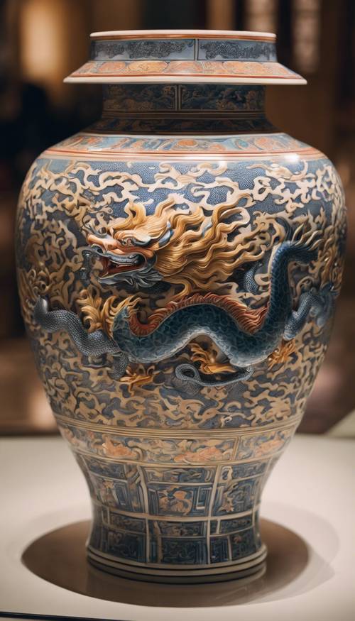 複雑な龍と鳳凰デザインの古代中国の磁器壷が美しく照らされた展示ケースに飾られています.