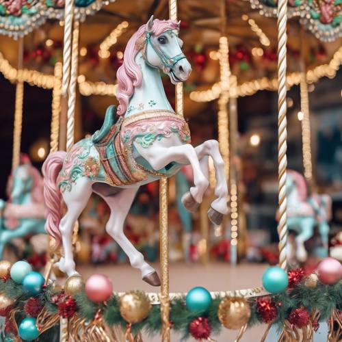 A pastel carousel horse decorated with Christmas garlands. Tapeta [d952fa9f43ae4e059c68]