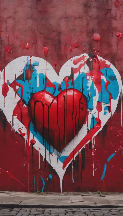 Intricate graffiti art on a city wall depicting a bold, red dripping heart amidst abstract shapes